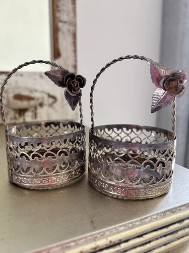 2 Vtg Silver Round Basket Filigree Rose Bridal Party Favor Cup EASTER