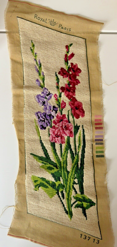 ROYAL PARIS Needlepoint Canvas COMPLETED Gladiolus Flowers 18" x 7" Vintage