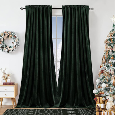 Luxurious Dark Green Velvet Curtains, Room Darkening, 2 Panels 52x90 Inches