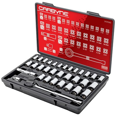 CARBYNE 34 Piece Socket Set | SAE & Metric, Chrome Vanadium Steel, 6 & 12 Point