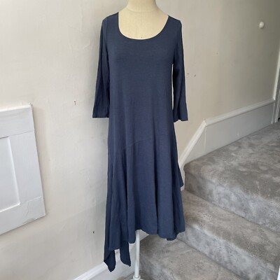 Chalet Blue Cotton Blend 3/4 Sleeve Lagenlook Scoop Neck Asymmetrical Dress XS