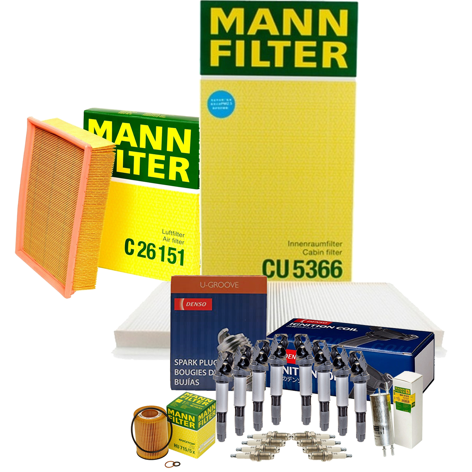 Mann Filter Denso 8 Coils 8 U-Groove Spark Plug Tune Up Kit For BMW E53 V8 N62