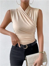 Raffinéa Women'sFashion Summer Solid Color Crisscross Pleated Sleeveless TankTop