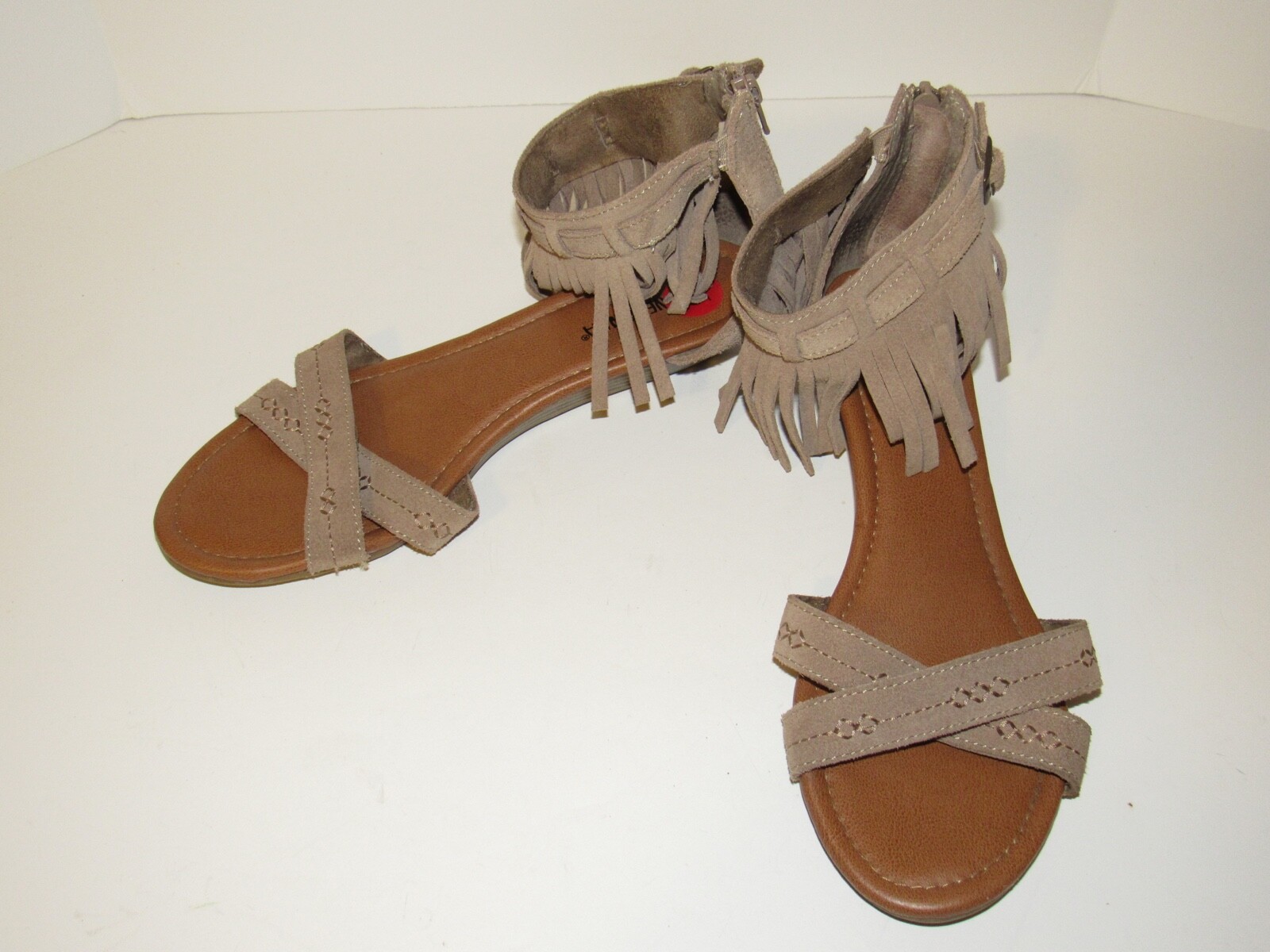 Taupe Leather Ankle Strap Zipper Fringe Sandal 799902 Womens