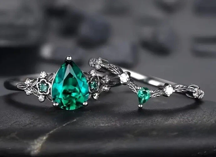 Anel feminino tamanho 7 verde elegante cor prata Syn Cz pedras 2 peças vintage - Imagem 2 de 4