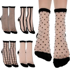 Lusofie 5Pairs Sheer Ankle Socks Black See through Socks Striped Plaid Dot Cute