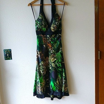 Y2K Cach'e 100% Silk Jungle Tropical Halter Dress 2