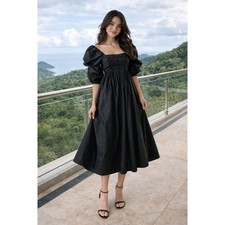 Ulla Johnson Black Cotton Ruched Puff Sleeve Midi Dress Size 0 Square Neck