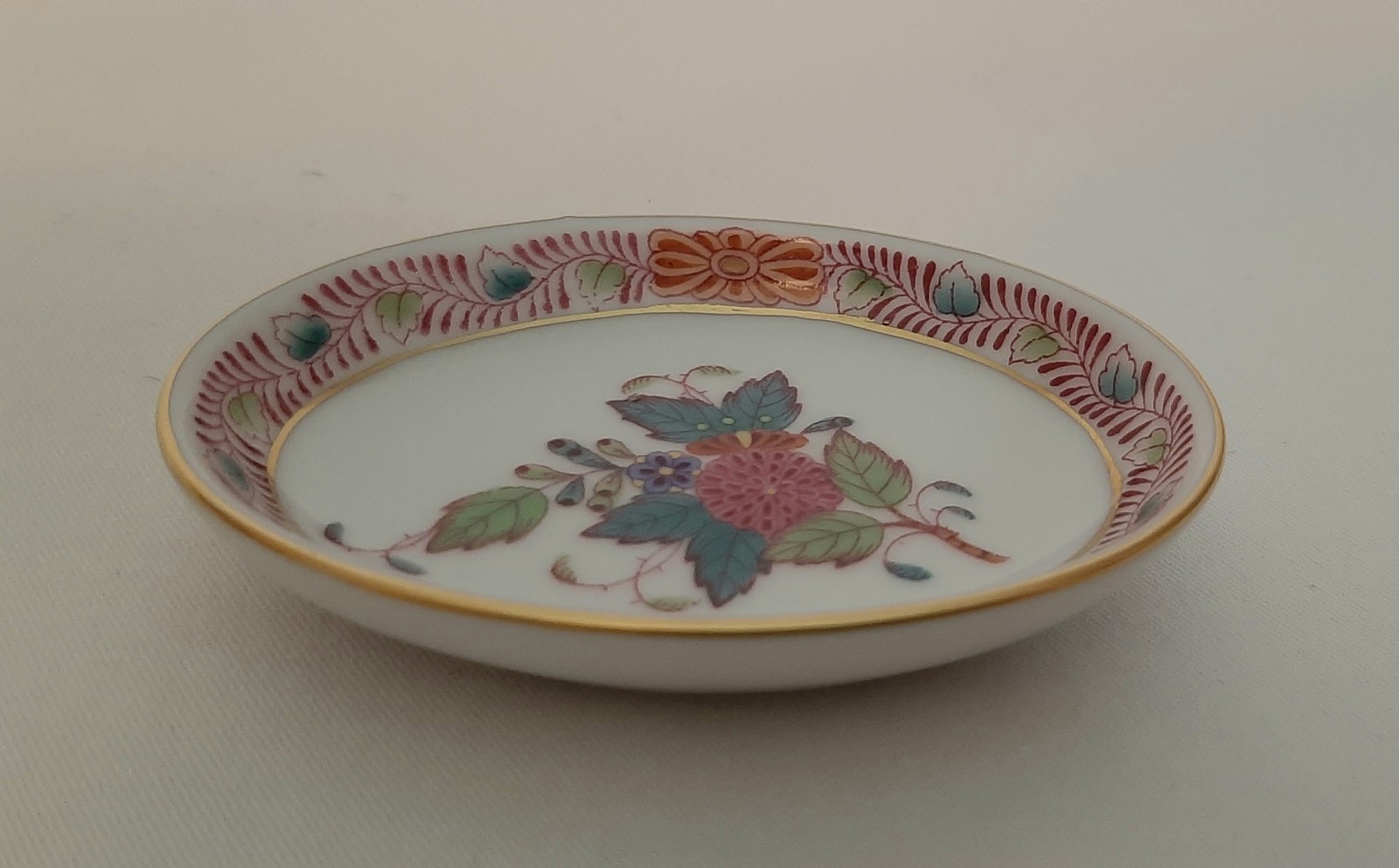 Herend Hungary Small Multicolor Flower Trinket Pin Dish  3” x 2-1/2” x 1/2” 
