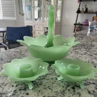 Vintage Fenton Jade Nymph Console Set with Flower Frog. September Morn Set.