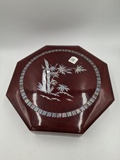 Vintage Asian Red Lacquered Octagon Jewellery Box Mother Of Pearl Inlay Bamboo