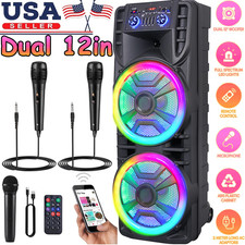 Dual 12" Portable Bluetooth Speaker with Subwoofer Heavy Bass Karaoke System Mic