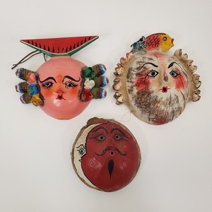 Vintage Lot of 3 Mexican Coconut Shell Folk Art Masks Guerrero Wall Decor