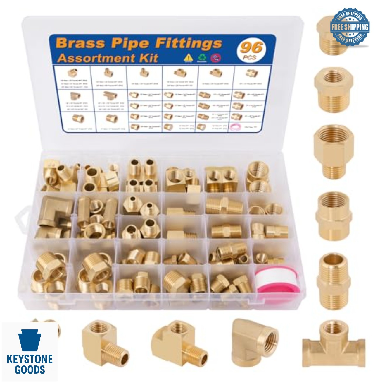 Brass Pipe Fittings Assortment Kit 96 Piece NPT Adapter Bushing Nipple Coupling