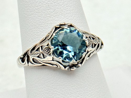 "SCOTTISH THISTLE" GENUINE BLUE TOPAZ SILVER NOUVEAU ANTIQUE STYLE RING Sz 9.25 - Picture 2 of 4