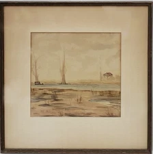 Signed SEWELL. , Marsh Landscape, Watercolor Painting, “ Dock Cabin Pre War”