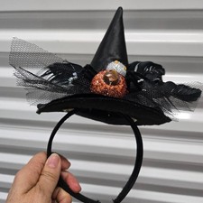 Witch hat headband fascinator adorned black feathers glitter, gem spider tull