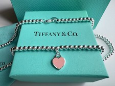 Return Tiffany Co. Pink Enamel Heart Charm & Beaded necklace 925 Sterling Silver