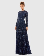 Mac Duggal Navy Embellished Illusion High Neck Long Sleeve A Line Gown 2 Beaded