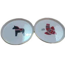 Pair Of Porcelain Christmas Plates Gold Trim Swedish Horse & Bird Project 62