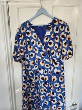 Wallis Women's curve blue poppy mock wrap Midi Dress Size uk20 