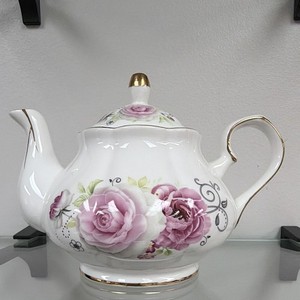 Jarmop Porcelain Tea Pot White Pink Floral Rose Gold Trim Lid Included