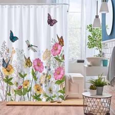 Floral Wildflower Shower Curtain, Colorful Flowers and Butterflies Shower Cur...
