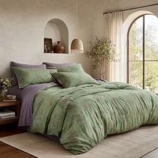 NEW Anthropologie Green Purple Floral Cotton Queen / King Bedding Duvet Sham Set