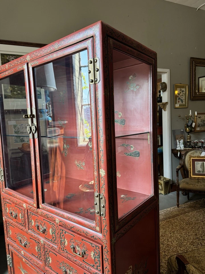 Vintage Two Cupboard Five Drawer Hand Painted Chinoiserie Cabinet - Image 2 of 4