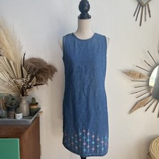 A.M.I. Vintage Women Denim Floral Embroidered Sleeveless Short Dress Medium