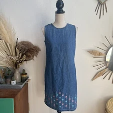 A.M.I. Vintage Women Denim Floral Embroidered Sleeveless Short Dress Medium