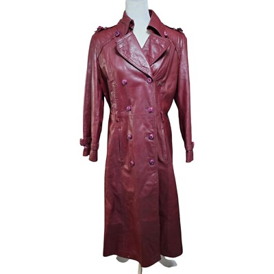 Etienne Aigner Women's Oxblood Red Leather Trench Coat Sz 14 Vtg