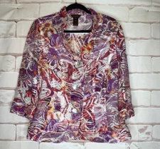 Multiples Size M Semi-Sheer Tropical Print Semi Sheer Button Up Blouse