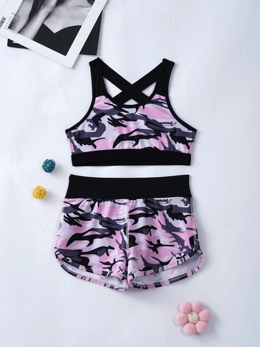 Kids Girls 2-Piece Athletic Outfits Camouflage Swim Active Shorts and Tops Set - Picture 86 of 124