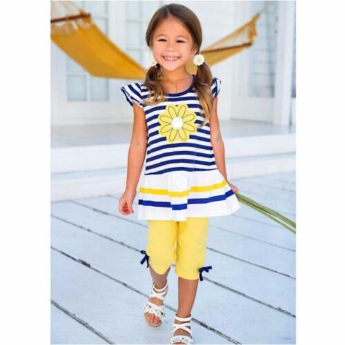 Toddler Kids Baby Girls Daisy Stripe Shirt Top Bow Pant Set Clothing Casual - Afbeelding 1 van 14