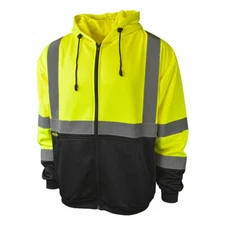 Hi Vis ANSI Class 3 Lime Safety Black Bottom Zip Up Fleece Hooded Sweatshirt