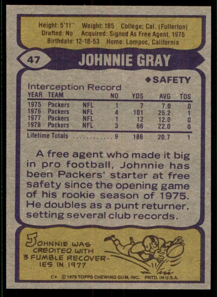 1979 Topps Johnnie Gray Vintage Green Bay Packers #47 - Image 2 of 2