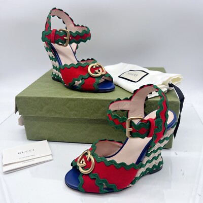 Gucci Shelly GG Logo Wedge Heels Sandals Red Green Interlocking EU