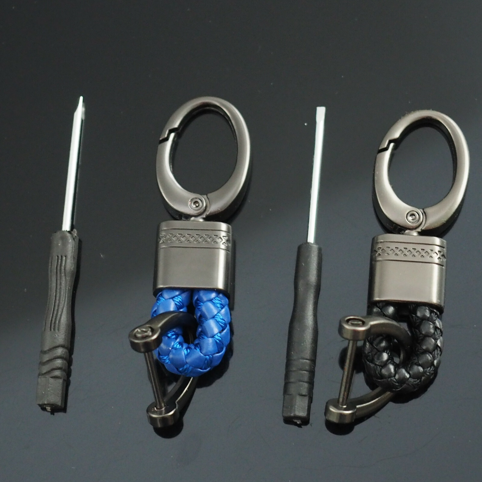 2pcs Blue & Black Woven Leather Fob D-Ring Buckle Keychain Key Ring Holder Clip