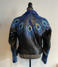 Peacock Feathers Reworked Vintage Leather Biker Jacket
