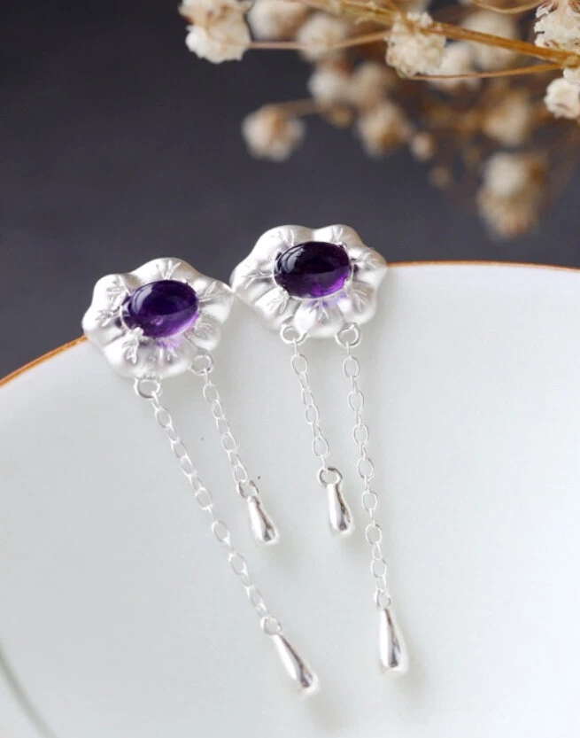 B06 Orecchini Spina Lilla Ametista Fiore Nappe Argento Sterling 925 - Immagine 4 di 4