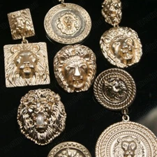 CLIP ON retro lions BIG EARRINGS vintage style GOLD FASHION lion head clips