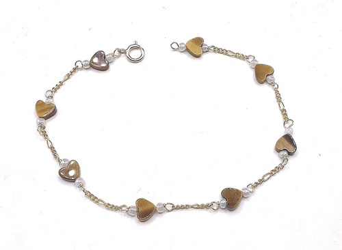 New 14k Gold Tiger Eye Heart Bead Bracelet - Anklet (Assorted Lengths) - Picture 2 of 2