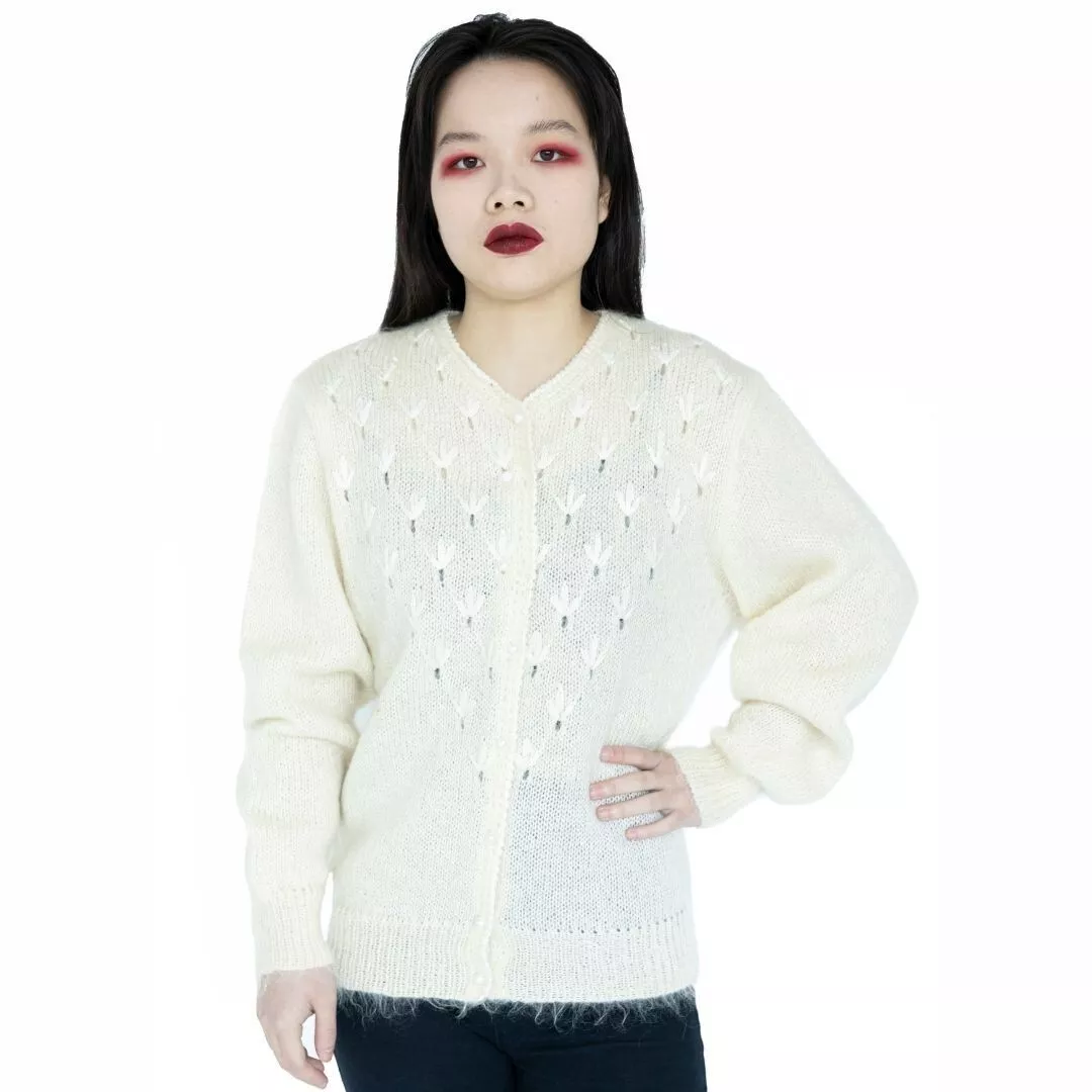 Vintage White Angora Mohair Wool Cardigan M Sweater Shaggy Puff Sleeves