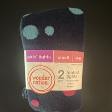 Wonder Nation Girls' Footed Tights Small 4-6 2 Pair Pink Navy Polka Dot