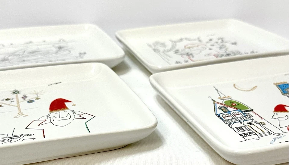 Antigo Saul Steinberg, 4 pratos de aperitivo de Natal de Papai Noel dos desenhos animados para Hallmark - Imagem 3 de 4