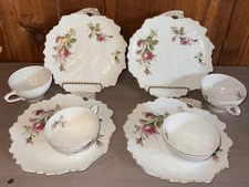 4 VTG Lipper & Mann Pompadour Rose Tea Cup & Snack Plate Sets~Bone China~