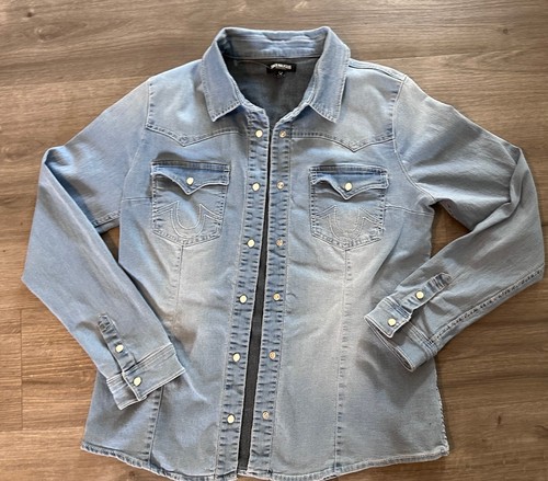 True Religion Jeanshemd Damen Gr. XL Western Blau Perlen Druckknopf Langarm