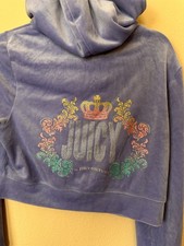 Juicy Couture Y2K Lavender Velour Zip Hoodie Rhinestone Logo Back Size L Cropped