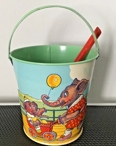 J Chein 1940's Tin Litho  Sand Pail Bucket THE BOARDWALK with shovel Excellent